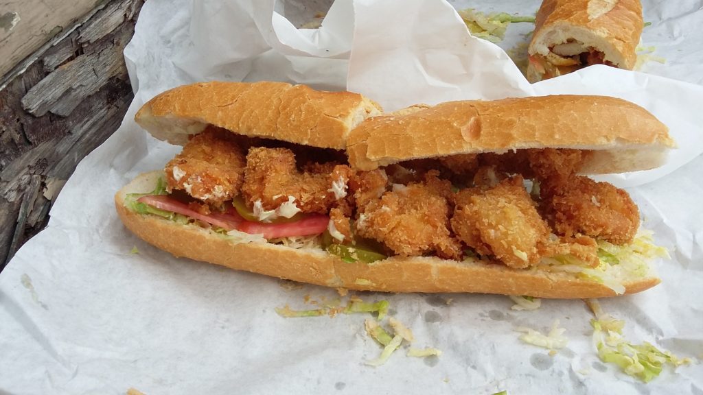 Fried shrimp sandwich on toasted French bread